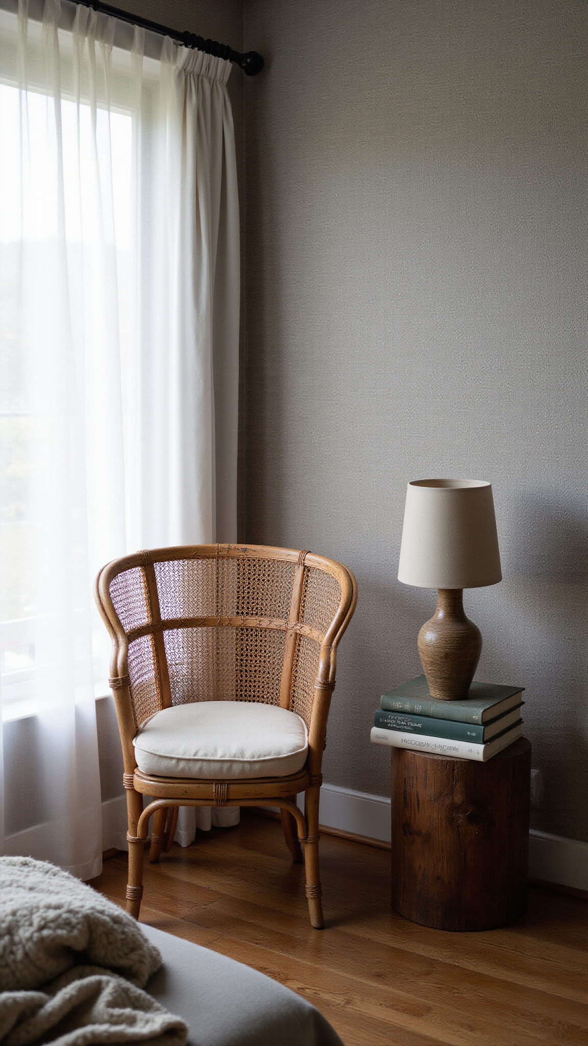 Cozy bedroom corner at dusk with vintage rattan chair, soft lamp light on dove grey wallpaper, books on antique stool, and wool throw.