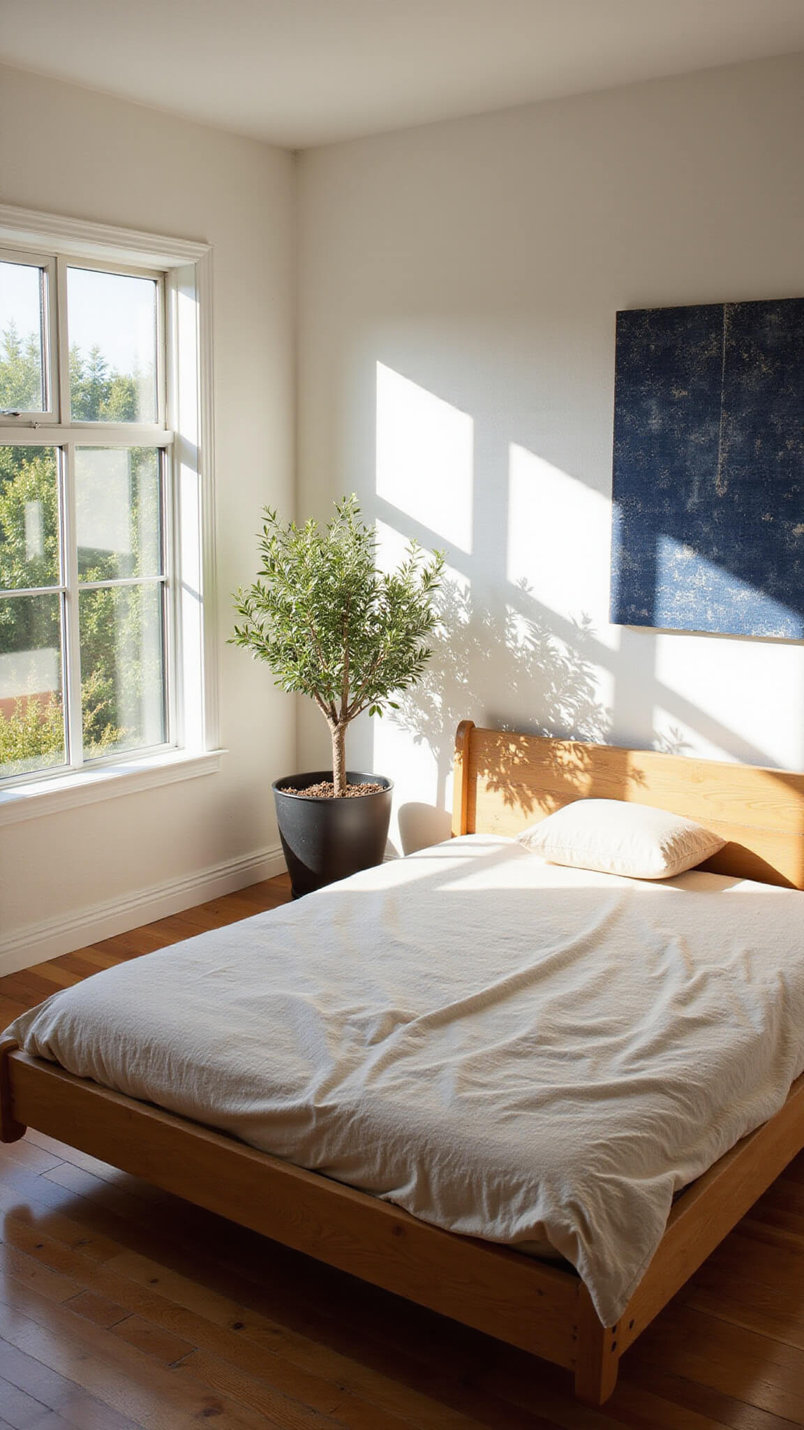 Sunlit minimalist bedroom with low wooden bed, natural bedding, floor-to-ceiling windows, potted olive tree, and vintage indigo wall art.