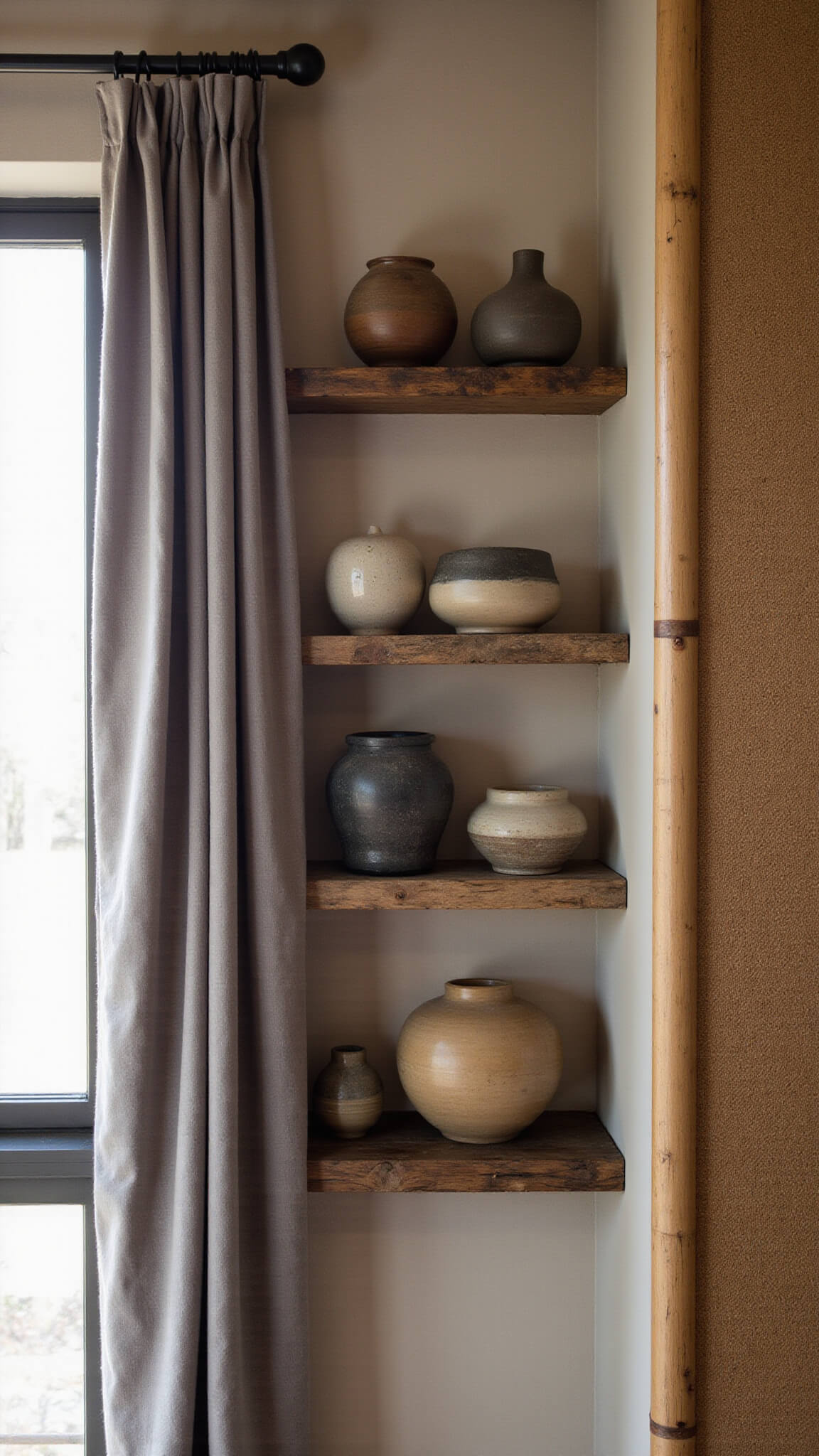 Low-angle view of a cozy 11x13ft bedroom alcove with earth-toned ceramic vessels on rustic wooden shelves, soft mushroom grey linen curtains filtering afternoon light, and an aged woven bamboo screen.