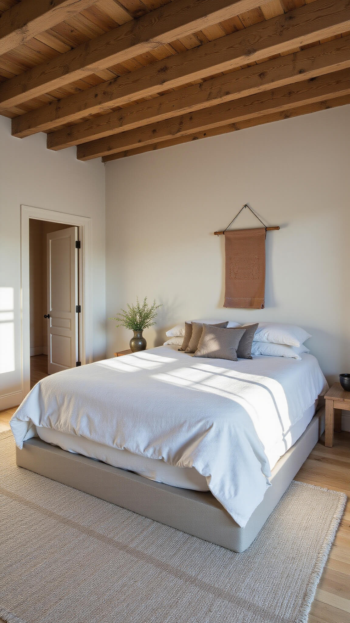 Sunlit 13x15ft bedroom with exposed ceiling beams, platform bed in stonewashed linen, worn wool rug, cracked clay wall hanging, and ikebana in bronze vase, emphasizing natural textures and shadows.