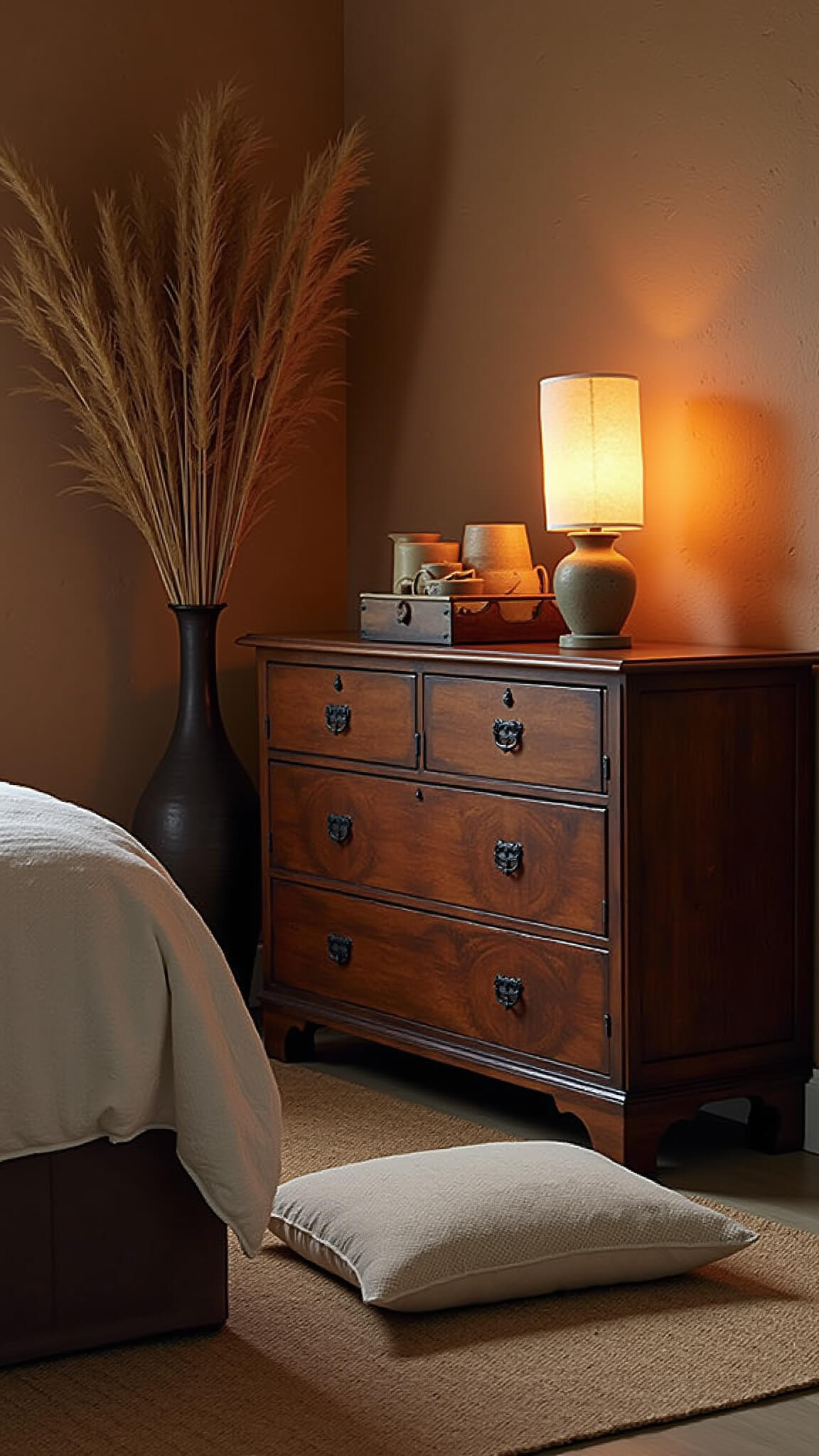 Cozy twilight bedroom with antique chest, handmade ceramics, silk cushions, paper lantern glow, and pampas grass shadows on plaster walls.