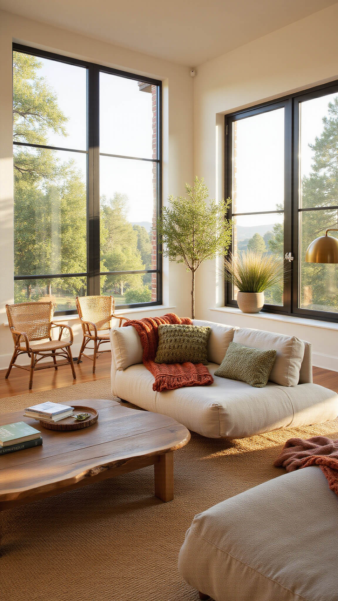 Spacious sunlit living room with oatmeal sectional, jute rug, walnut coffee table, olive tree, and cozy textured decor.