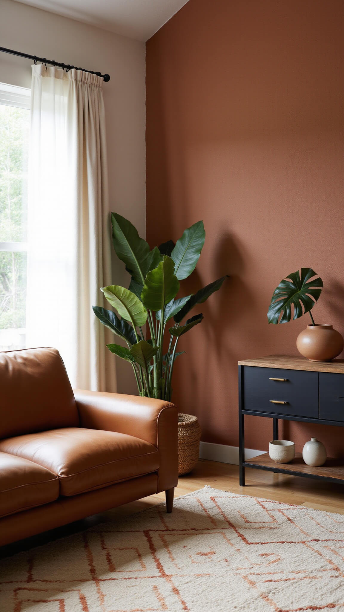 Cozy 15x18ft living space at dawn with morning light, curved cognac leather sofa, clay accent wall, cream and rust rug, teak console, and monstera plant.