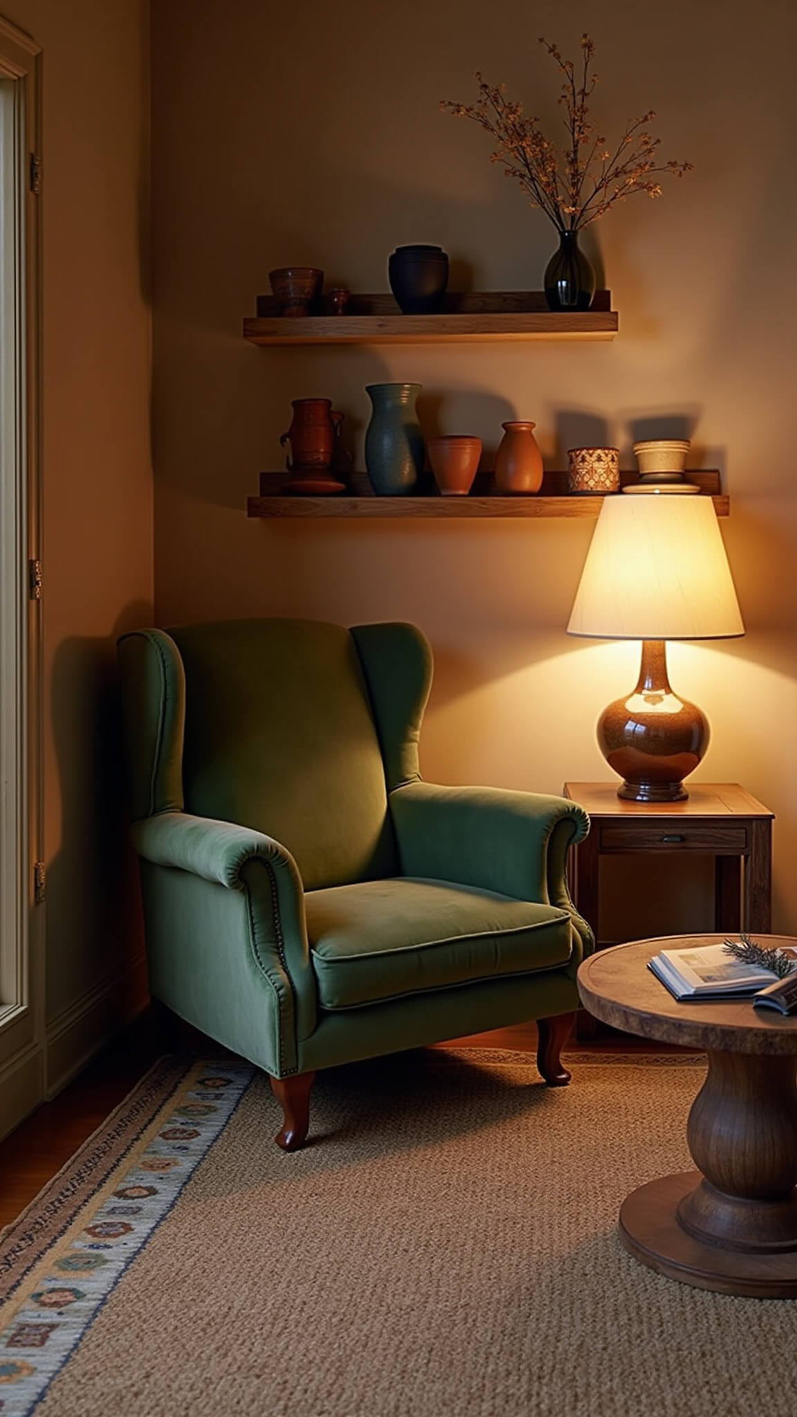 Bird's eye view of a cozy 12x15ft sitting room at dusk with warm mushroom walls, moss green velvet armchair, vintage kilim rug over sisal, floating oak shelves with earthenware, and ambient ceramic lamp lighting.