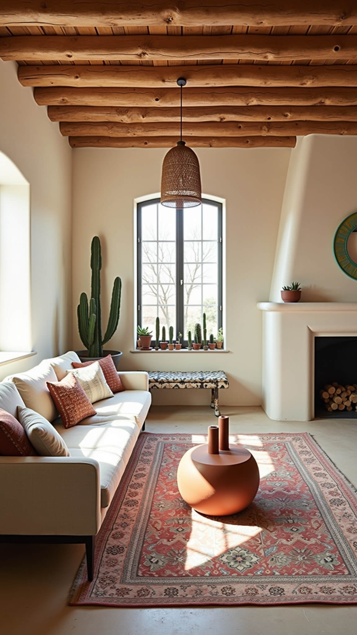 Sunlit desert-inspired living room with exposed wooden beams, linen sectional, terracotta ceramic coffee table, vintage earth-toned rugs, rattan pendant light, and cacti on the windowsill.