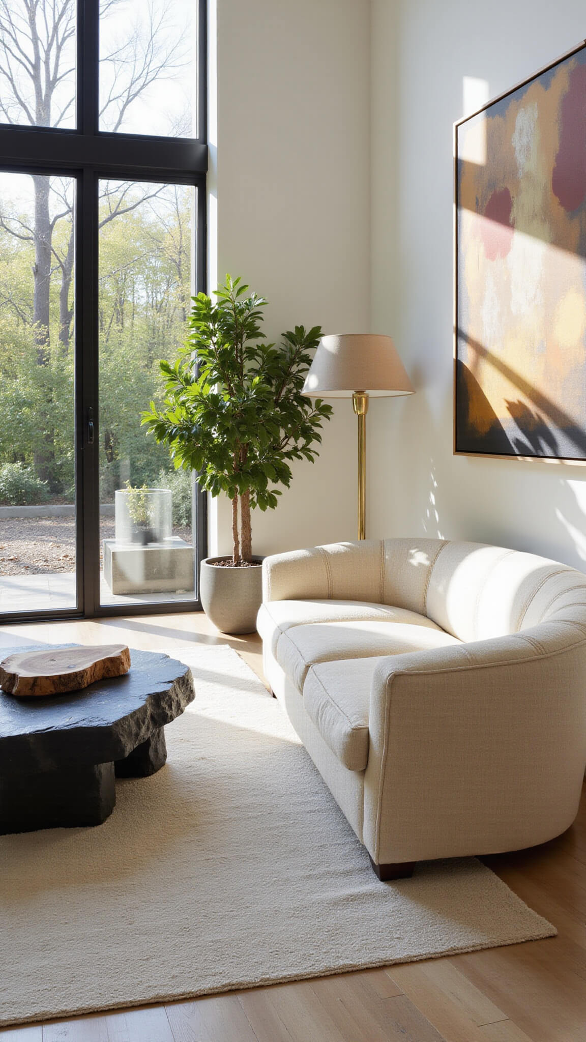 Contemporary living room with ivory bouclé sofa, black stone coffee table, abstract earth-toned artwork, and floor-to-ceiling windows overlooking a garden.