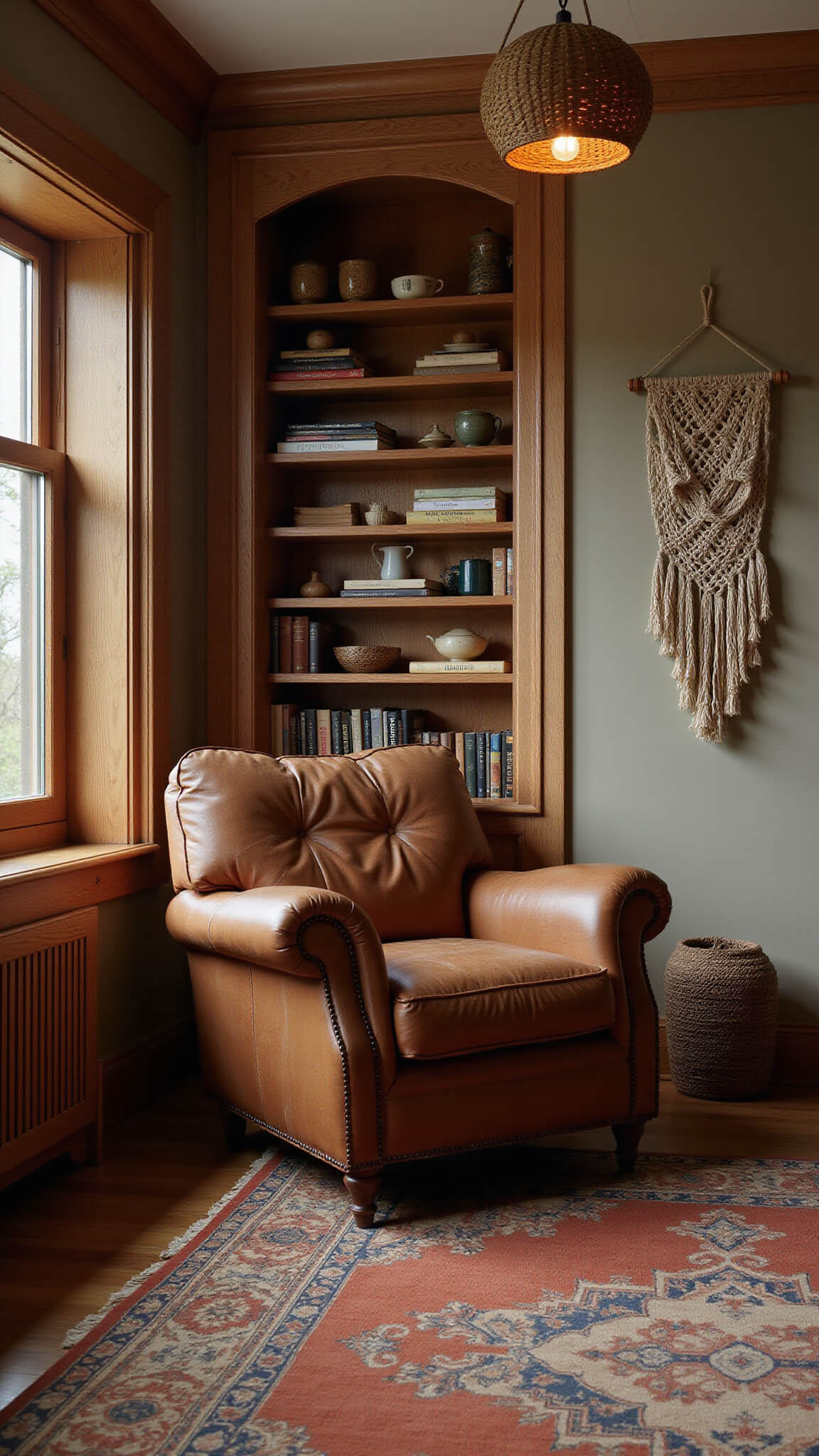 Cozy 14x16ft reading nook at twilight with aged leather armchair, rust and cream wool rug, oak bookshelves, warm pendant light, and layered textures.