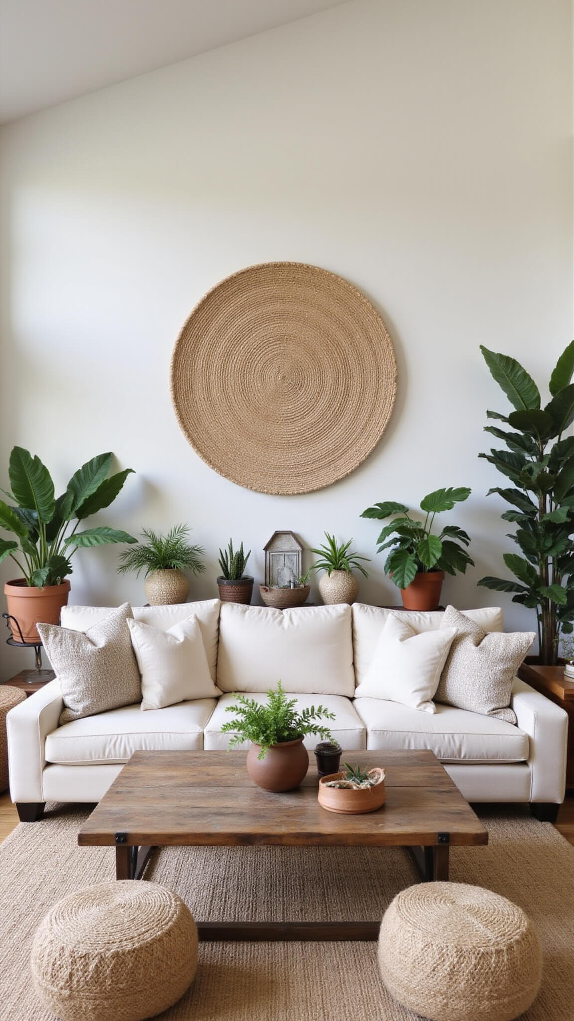 Spacious 20x24ft vaulted great room with natural canvas sofa, mud cloth pillows, reclaimed wood coffee table, oversized neutral woven wall art, tropical plants, jute poufs, leather ottomans, and boho-modern organic decor in warm natural light.