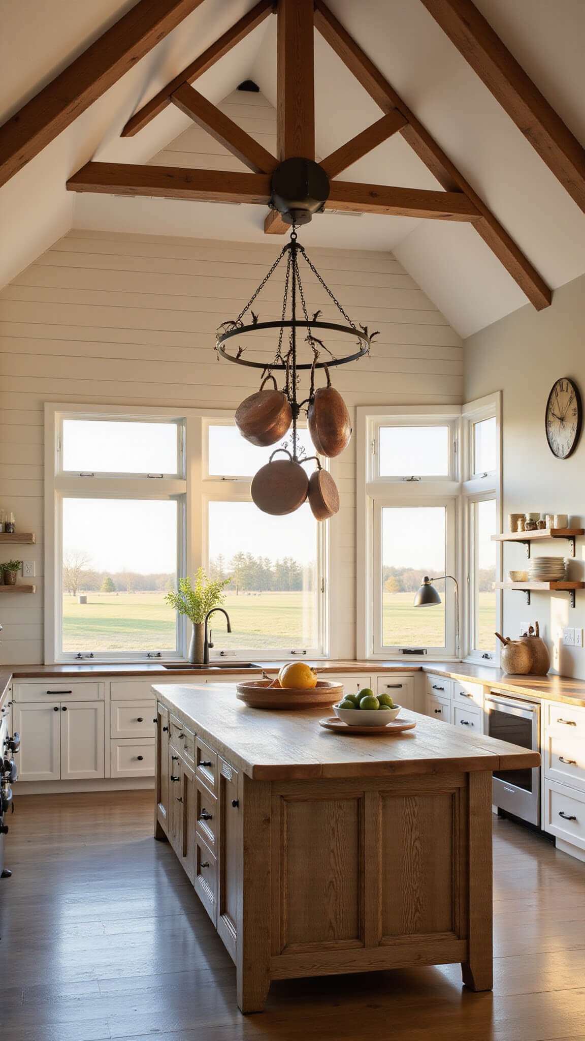 Farmhouse kitchen at golden hour with vaulted ceiling, exposed beams, black iron chandelier, oak island, and warm light reflecting off copper pots.