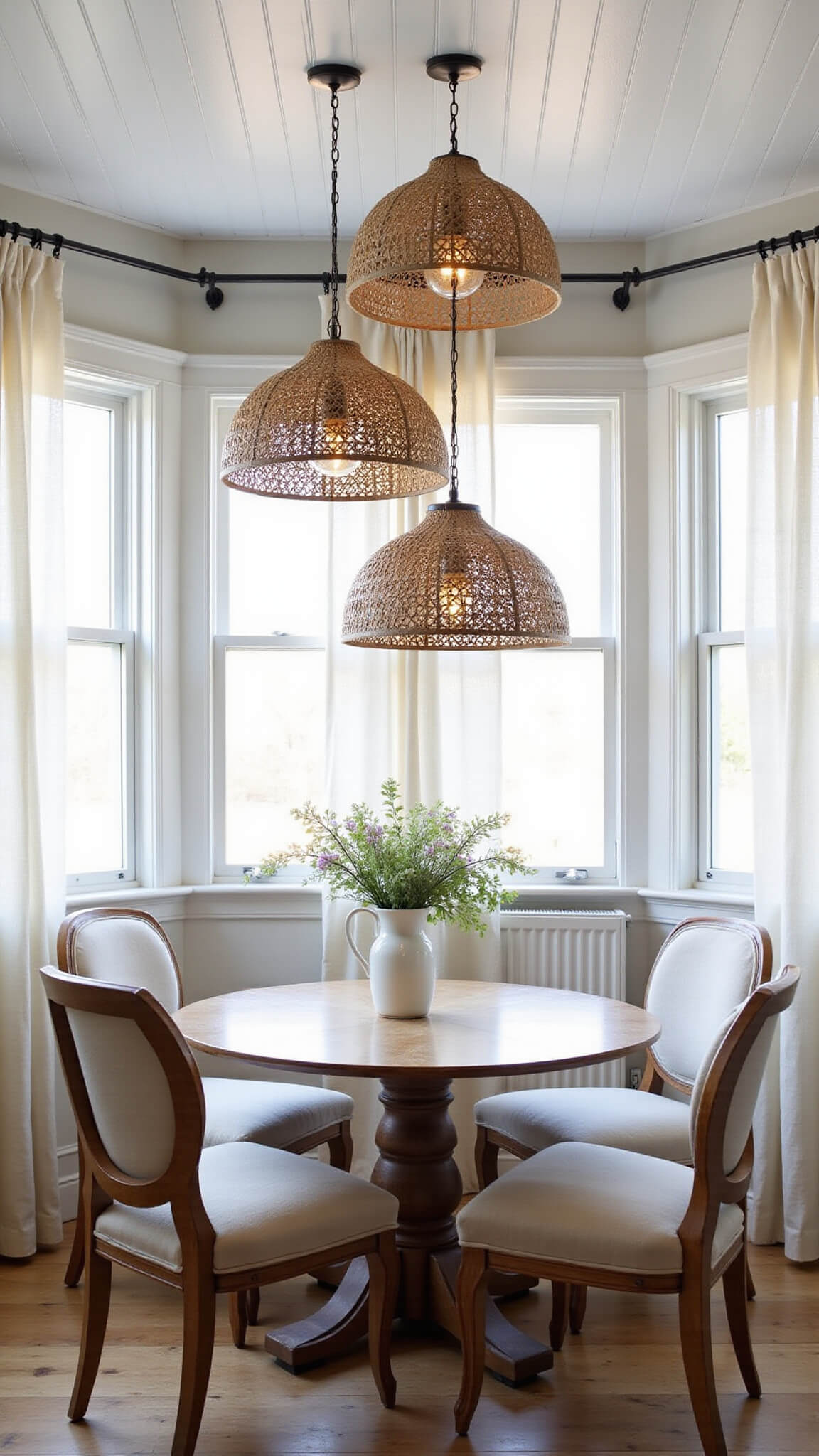 Cozy corner breakfast nook at blue hour with rattan pendant lights over round farmhouse table, wildflowers in milk glass vases, white beadboard ceiling, and soft light through linen curtains.