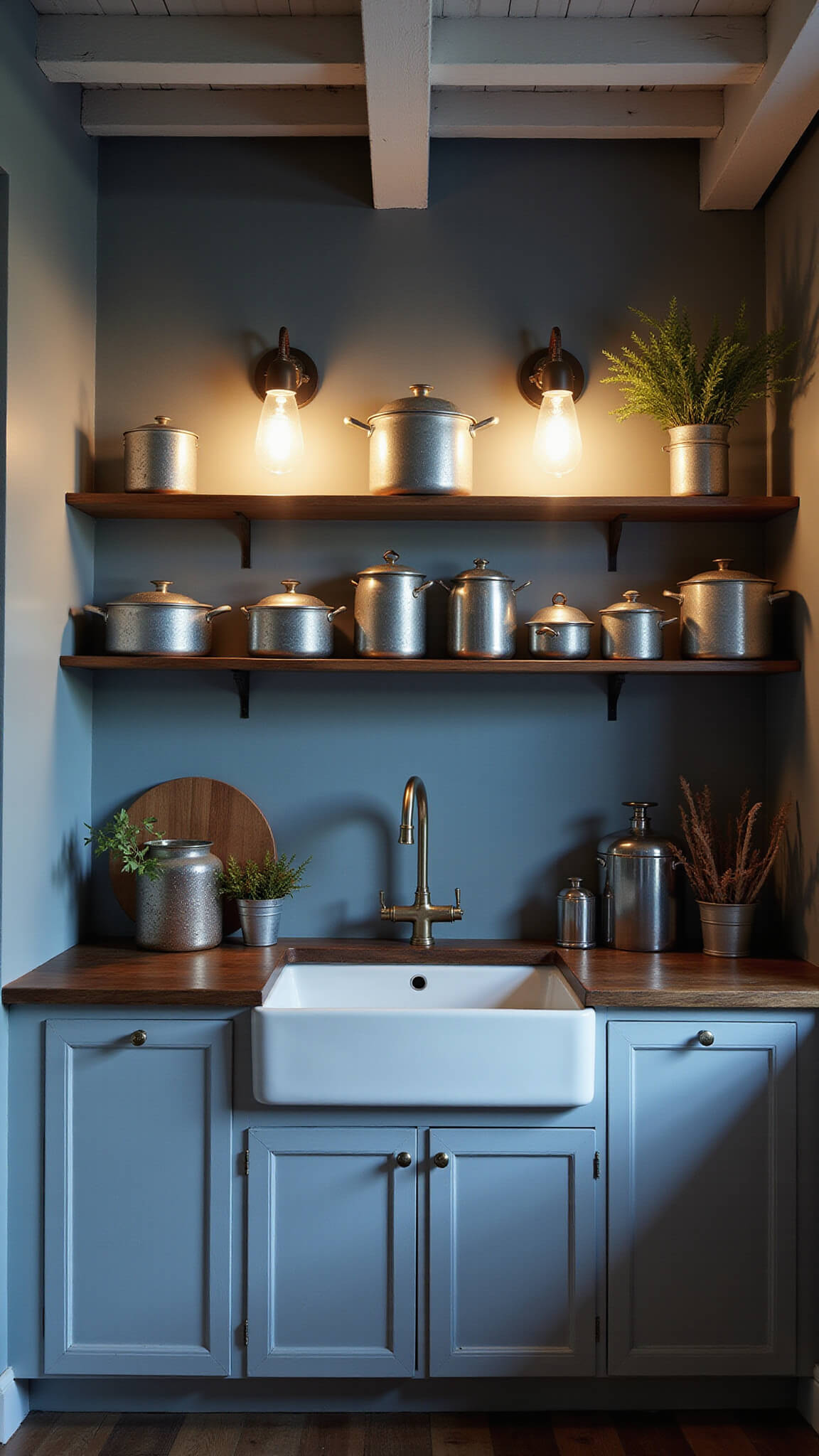 Moody farmhouse kitchen with vintage enamelware, white cabinetry, dark walnut counters, and metal sconces over a farmhouse sink beneath exposed white ceiling joists.
