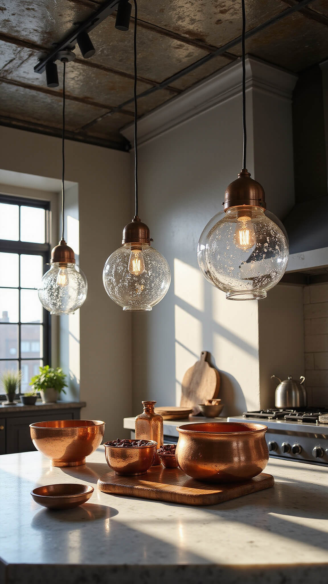 Dramatic kitchen prep area with three glass pendant lights over marble island, copper bowls, cutting boards, tin ceiling tiles, and industrial windows casting late afternoon shadows.