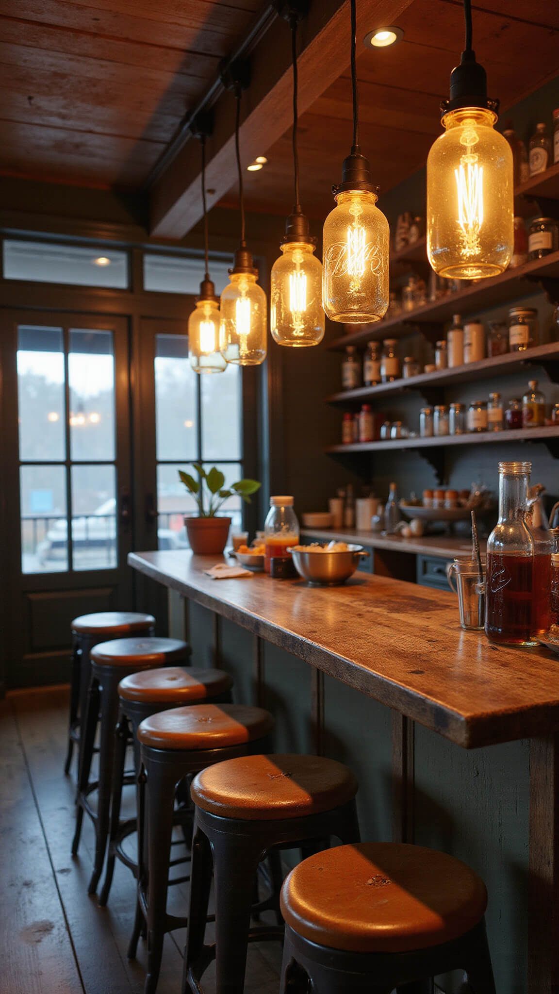 Rustic breakfast bar with mason jar pendant lights, vintage leather stools, and warm early morning lighting.