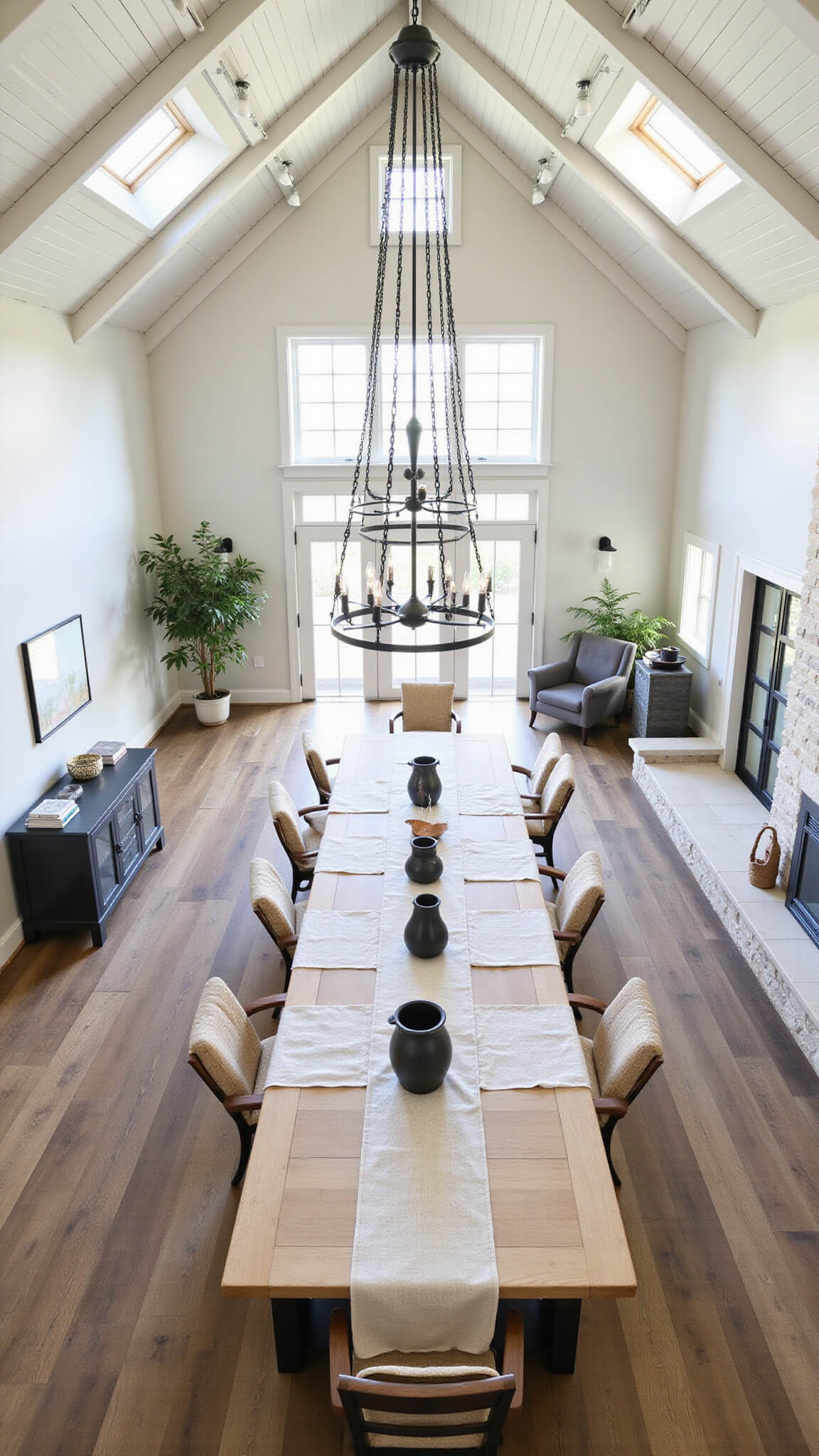 Bird's eye view of modern farmhouse dining room with cathedral ceiling, black iron chandelier, harvest table for 10, and natural oak accents.