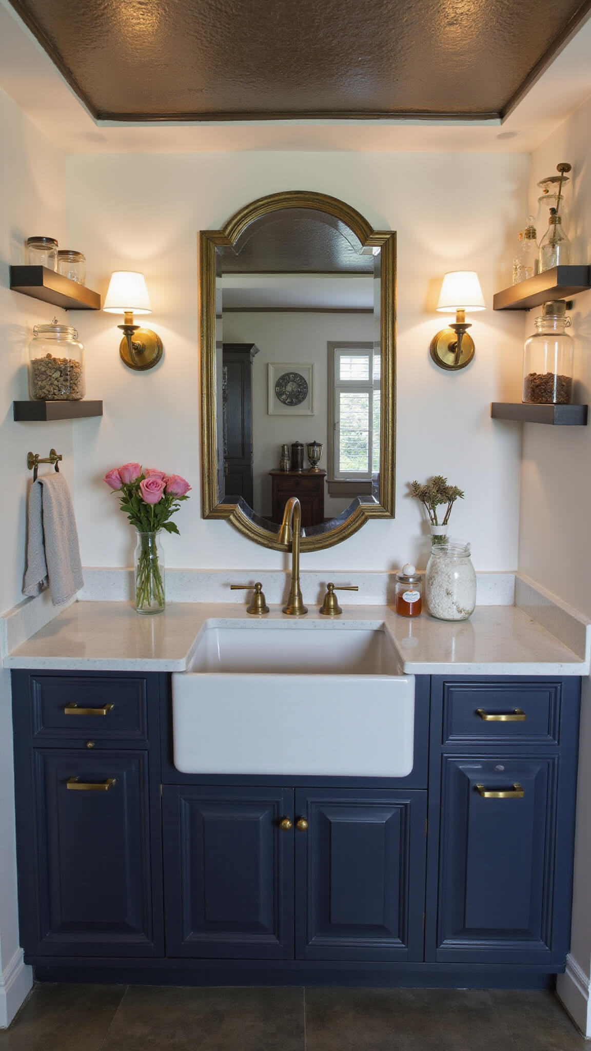 Butler's pantry at dusk with milk glass sconces, antique mirror, deep navy cabinets, and vintage pressed tin ceiling.