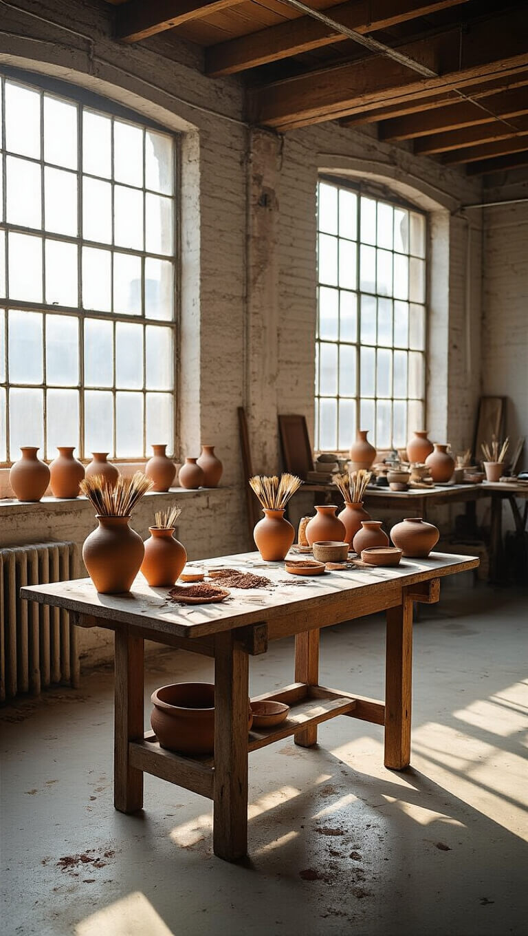 Artist's studio in 1920s loft with high ceilings, morning light through industrial windows, weathered workbench with brushes and pigments, paint-splattered concrete floor.