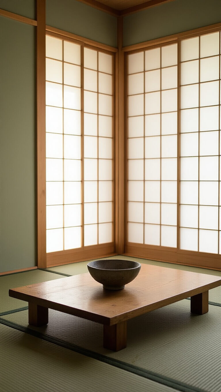 Low-angle view of a serene 12x14 meditation room with tatami mats, sage green crackled walls, and shoji screens filtering soft afternoon light; a rough ceramic bowl with mixed media sits on a low wooden table, highlighting wabi-sabi aesthetics in a dreamy, naturally lit setting.