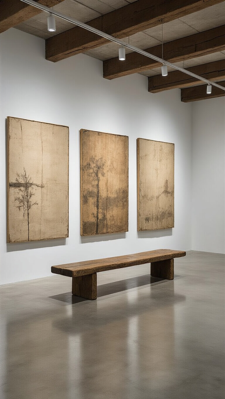Minimalist gallery with textured white walls, three large wabi sabi paintings, polished concrete floors, worn wooden bench, and soft natural light from clerestory windows.