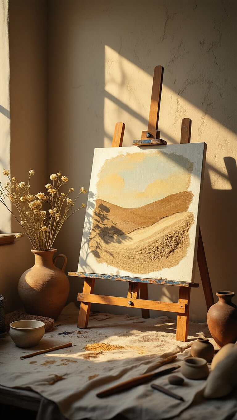 Cozy home studio corner with vintage easel holding wabi sabi artwork, surrounded by paint-splattered drop cloths, ceramic vessels with dried flowers, and weathered tools in warm golden hour light.
