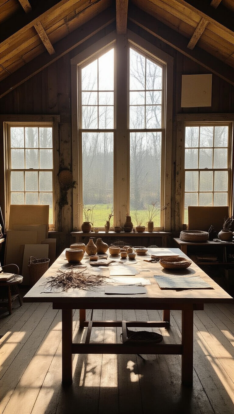 Wide-angle view of a sunlit 18x24 converted barn studio with high ceilings, vintage windows, a work table covered in natural materials, and textured artwork on rustic walls.