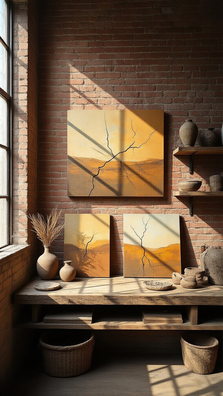 Rustic 16x16 workspace with exposed brick walls, earth-toned cracked paintings, weathered wooden shelves holding natural objects, and warm side lighting highlighting textured surfaces.