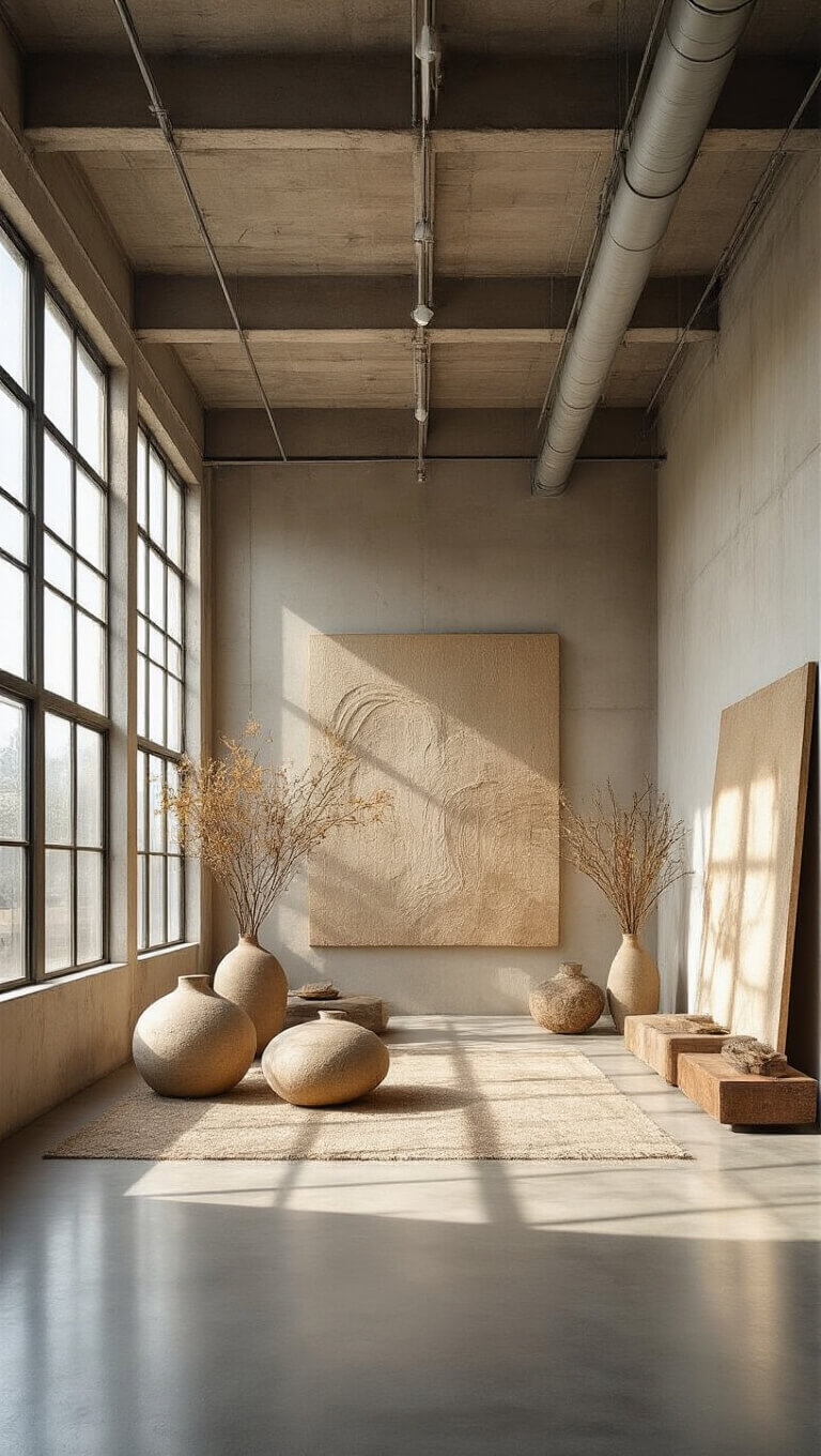 Spacious gallery with high concrete ceilings, exposed ducts, polished concrete floors, and large wabi sabi installations of sand, stone, and botanical elements illuminated by soft morning light through floor-to-ceiling windows.