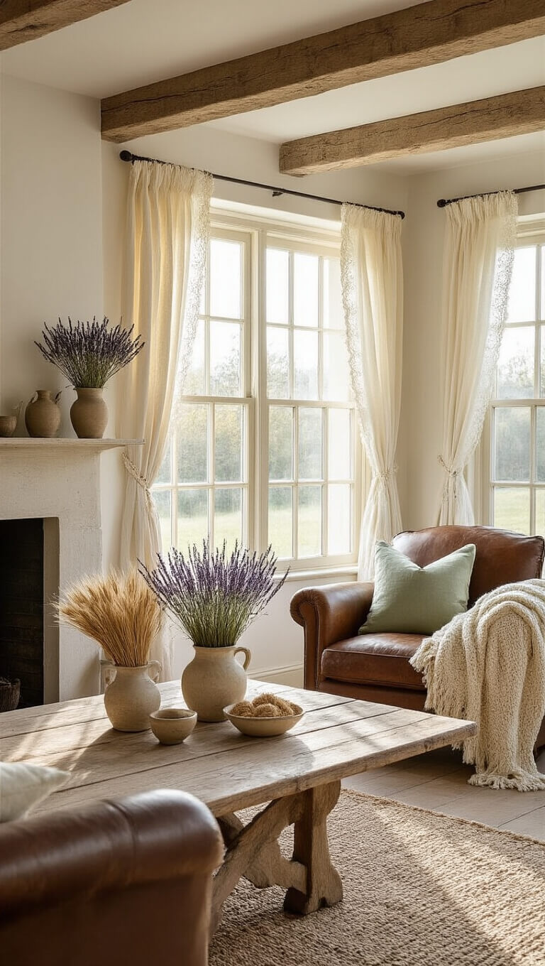 Sunlit rustic living room with exposed beams, farmhouse table by lace-curtained bay window, vintage decor, and cozy seating near stone fireplace during golden hour.