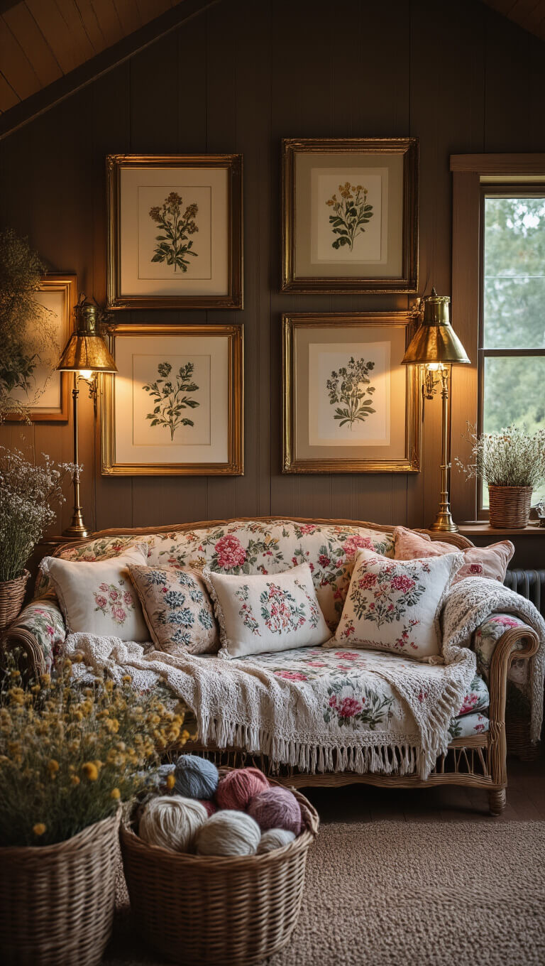 Cozy cottagecore living space with vintage lighting, floral sofa, embroidered pillows, and baskets of yarn and dried wildflowers at dusk.