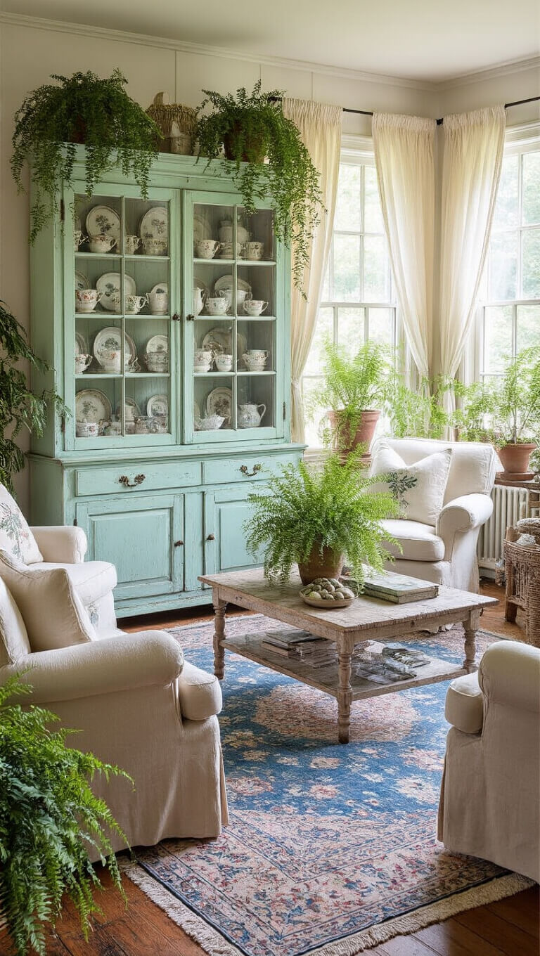 Cozy cottage living room with morning light streaming through sheer curtains, showcasing a mint antique hutch with vintage teacups, a faded blue Persian rug, linen armchairs, and hanging greenery.