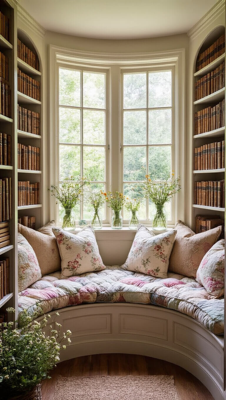 Cozy 14x16ft reading nook with curved window seat, floral cushions, wooden bookshelves, and wildflowers in jars bathed in afternoon light.