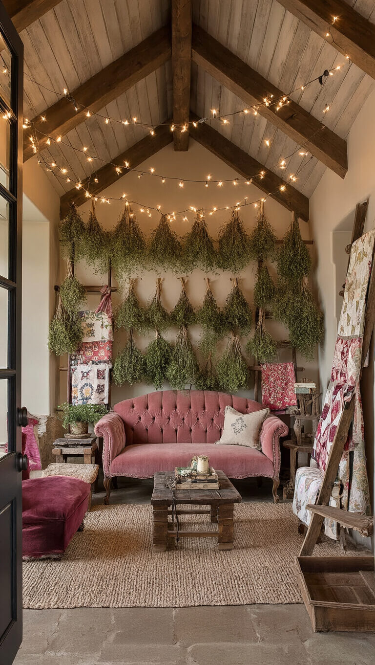 Twilight-lit great room with cathedral ceiling, rough beams, string lights, dried herbs, vintage rose velvet settee, primitive side tables, and handmade quilts on ladders.