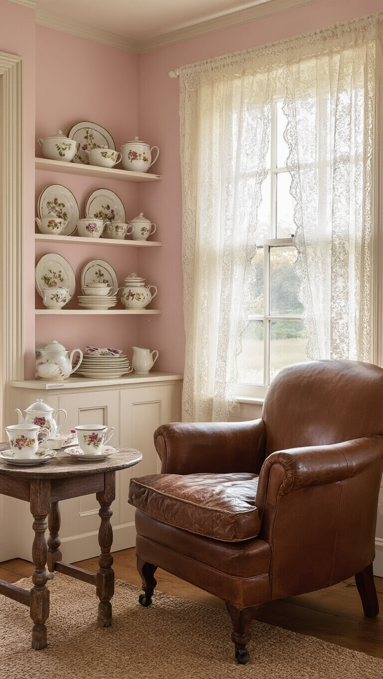 Cozy cottage sitting room at dawn with light filtering through lace curtains onto vintage china, worn leather armchair, rustic table with stacked teacups, and soft pink walls with cream trim.