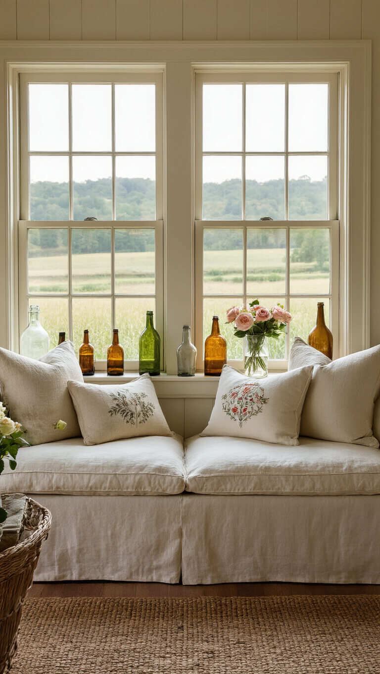 Cozy farmhouse living room with cream linen sofa, handmade cushions, antique bottles on windowsills, and countryside view through window seat, bathed in late afternoon light.