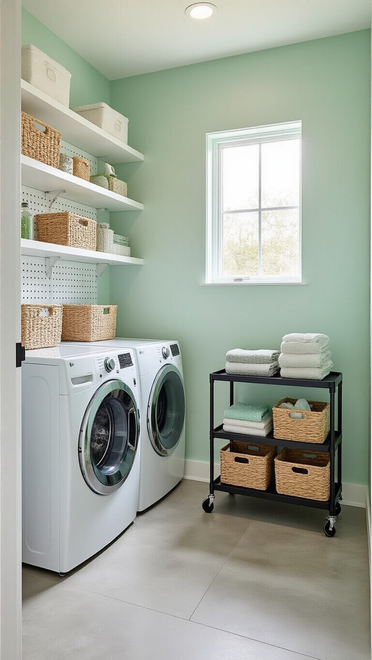 Compact 6x8ft laundry room with mint-green walls, white front-loading machines, floating shelves, rolling black cart, and pegboard of organized cleaning supplies, lit by morning sunlight and recessed LED lighting.