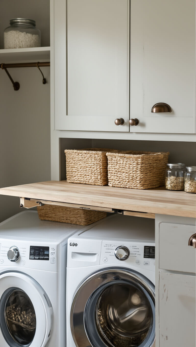 Close-up of fold-down white wood countertop above washer and dryer with bronze hardware, styled with hamper and jars, in softly lit laundry room.
