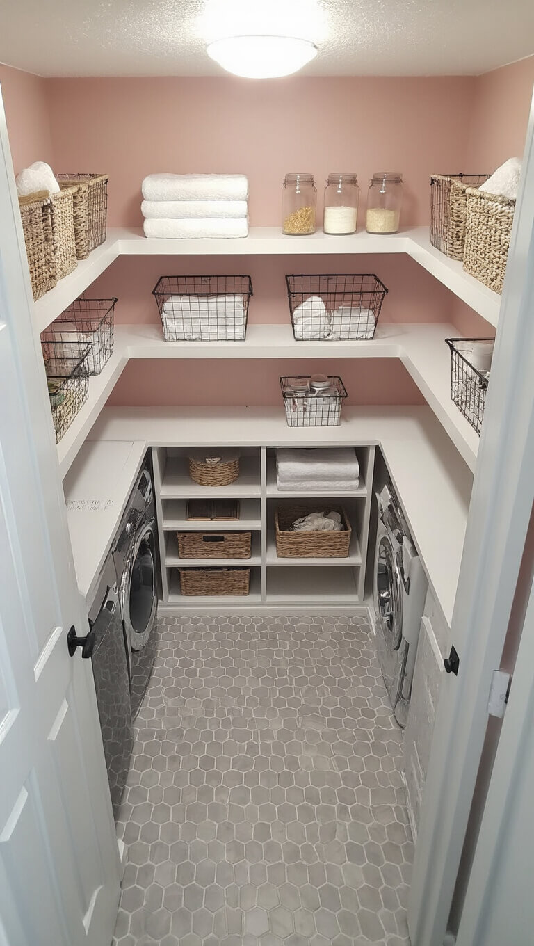 Overhead view of a compact 5x7ft laundry nook with white floor-to-ceiling shelving, blush pink accent wall, vintage wire baskets, clear canisters, gray hexagon tile floor, and cool white LED lighting.