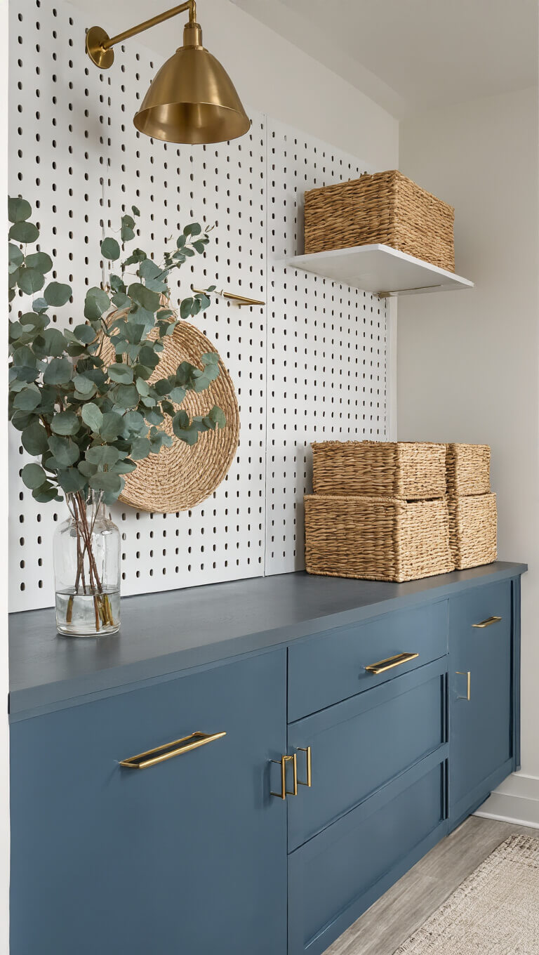Low-angle view of pegboard wall with brass hooks, natural baskets, and blue cabinets, illuminated by warm pendant light.