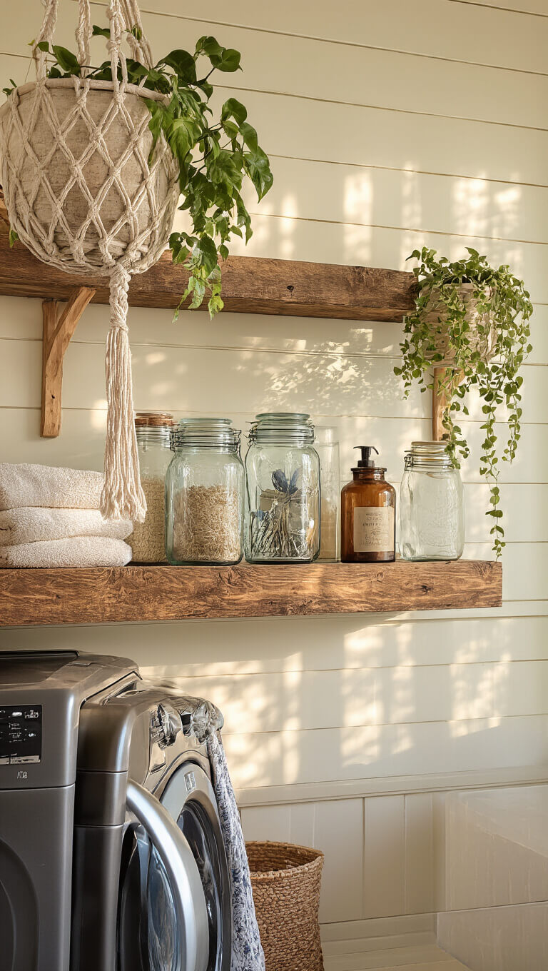Close-up of rustic DIY laundry station with wooden shelves, vintage glass jars, macramé plant hanger, and golden hour light on cream shiplap walls.