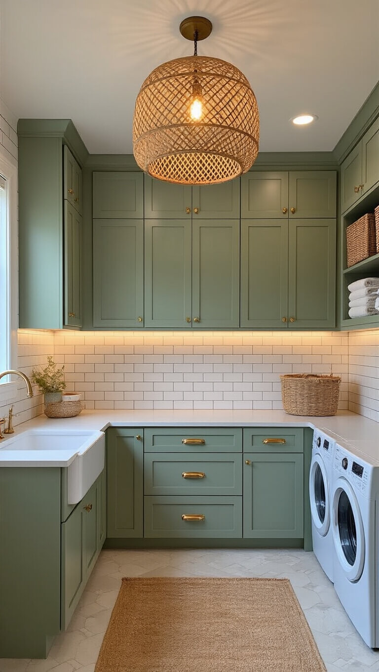 Wide-angle view of stylish 8x6ft laundry room with sage green cabinets, brass hardware, subway tile backsplash, rattan light, and wall-mounted drying rack in warm evening lighting.