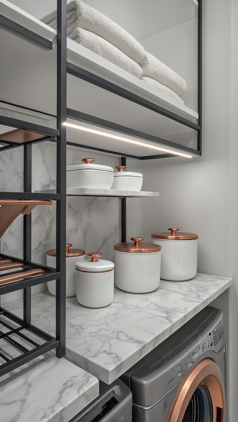 Smart storage cart with copper accents between washer and dryer, under marble-look counter and LED-lit floating shelf with Scandinavian decor.