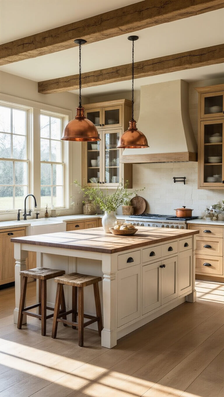 Warm, sunlit farmhouse kitchen with natural oak Shaker cabinets, butcher block island, copper pendant lights, and exposed wooden beams.