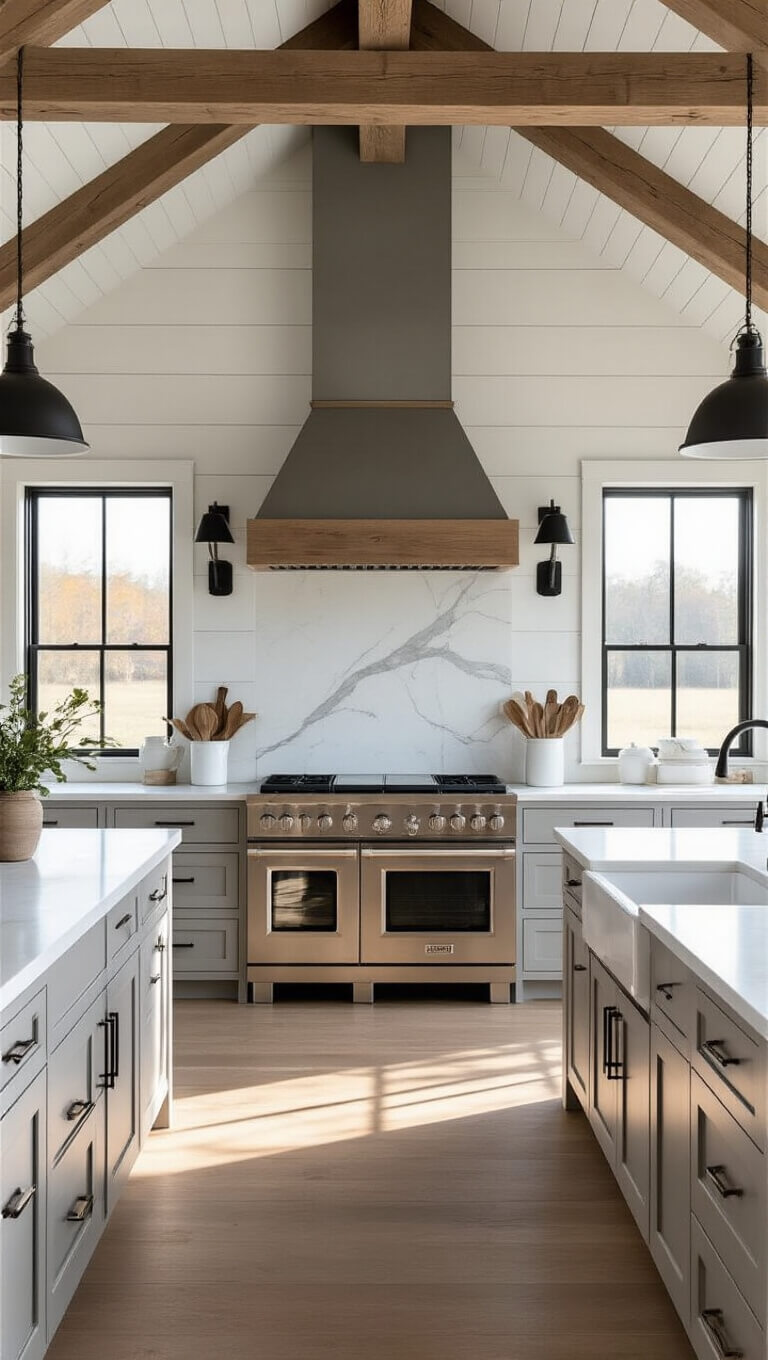 Modern farmhouse kitchen with soft gray Shaker cabinets, natural hickory accents, white marble countertops, and black industrial sconces, lit by golden hour sunlight.