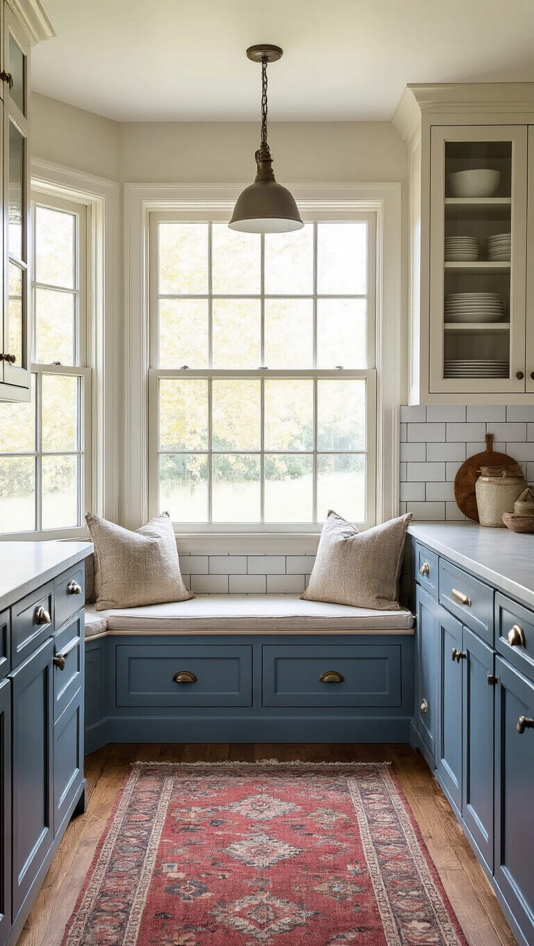 Cozy farmhouse kitchen nook with bay window, muted blue and antique white cabinets, built-in window seat, vintage rug, and soft morning light.