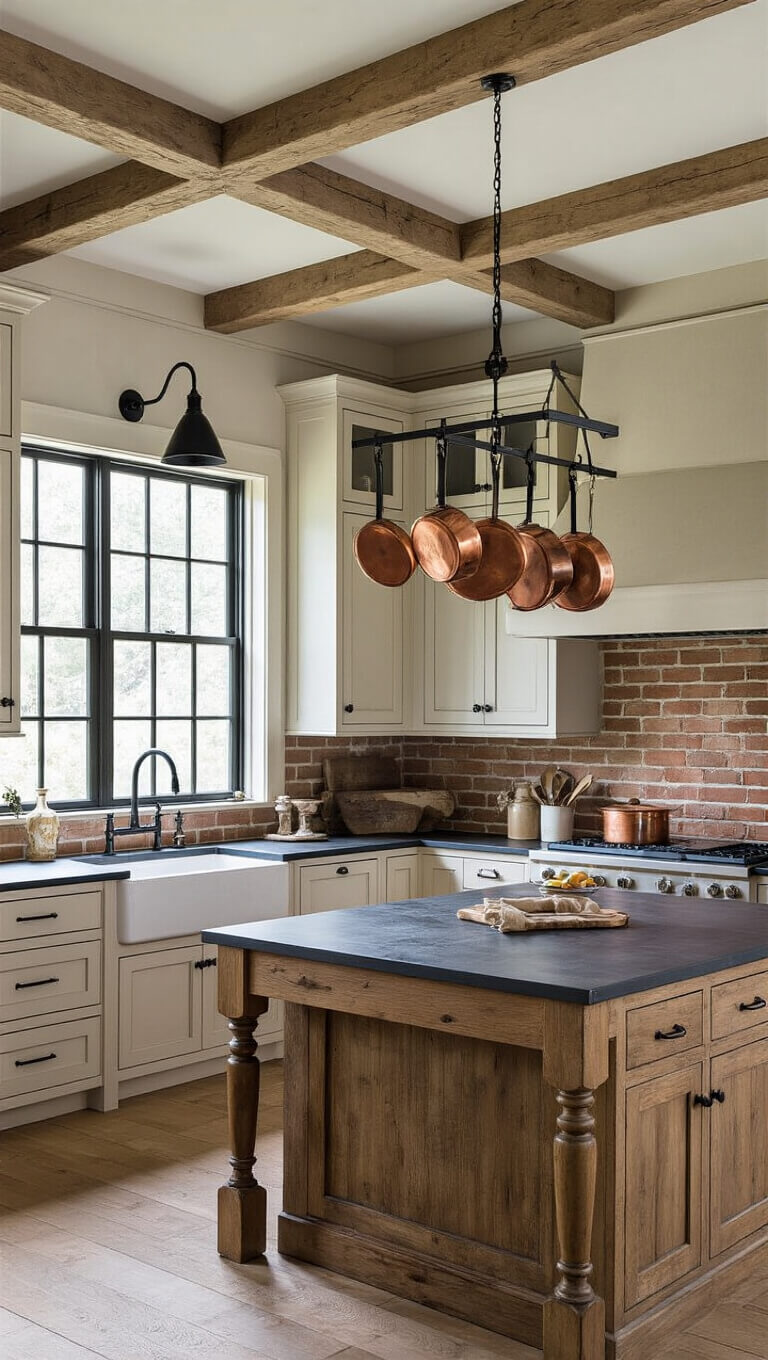 Elevated view of a spacious 25x20ft farmhouse kitchen with coffered ceiling, painted and natural pine cabinets, soapstone counters, farmhouse sink, reclaimed brick backsplash, zinc-topped island with turned legs, black iron fixtures, and copper cookware on a pot rack, bathed in dramatic mid-morning light.