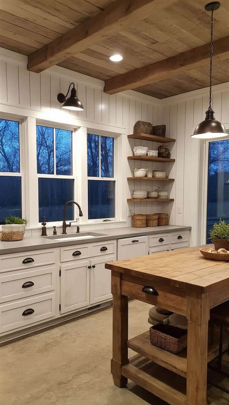 Rustic farmhouse kitchen with distressed white cabinets, wooden ceiling planks, natural wood island, and moody dusk lighting.