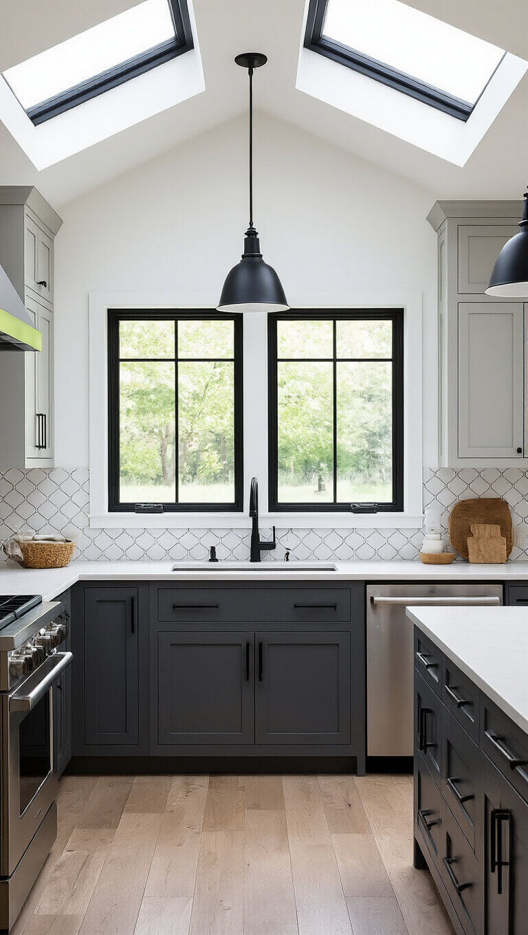 Contemporary farmhouse kitchen with skylights, two-tone Shaker cabinets, quartz counters, geometric tile backsplash, and modern black pendant lights, viewed from above in bright midday light.