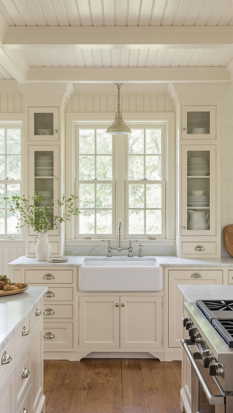 Traditional farmhouse kitchen with creamy white cabinets, marble counters, vintage-style appliances, and beadboard ceiling in soft late morning light.