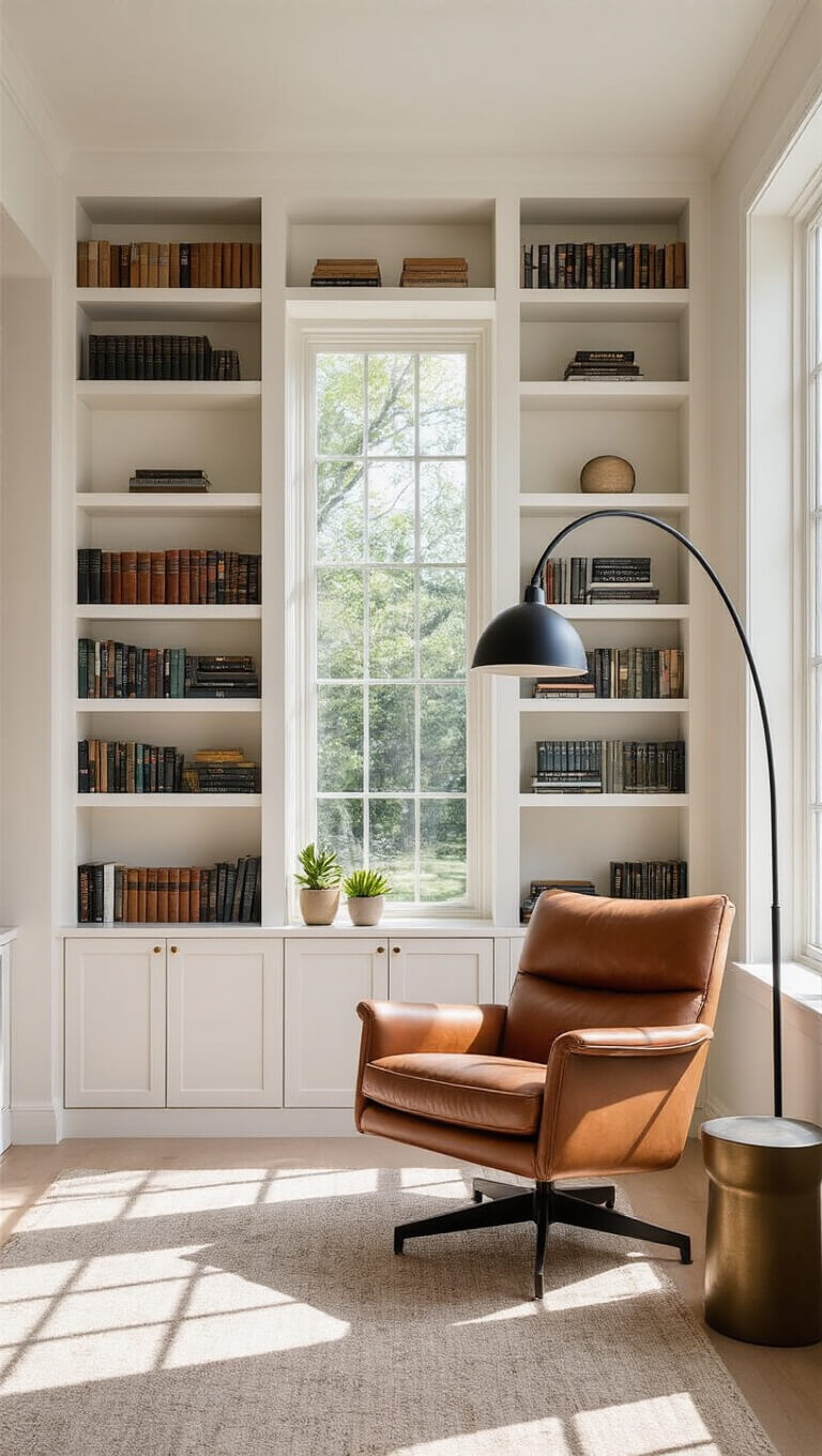 Modern minimalist home library with white oak shelves, color-coordinated books, a cognac leather armchair, and morning light casting soft shadows on cream walls.