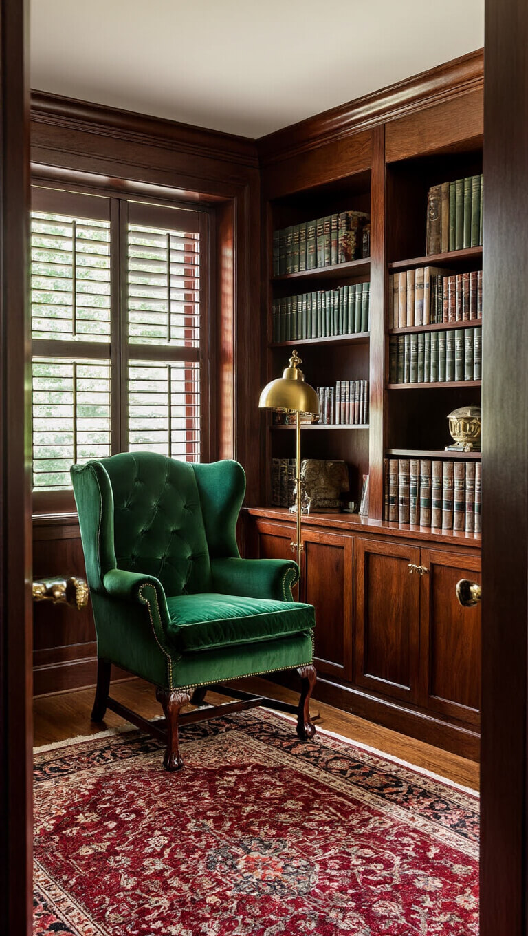 Cozy vintage study with dark walnut built-ins, emerald wingback chair, brass lamp, and burgundy Persian rug bathed in golden afternoon light.
