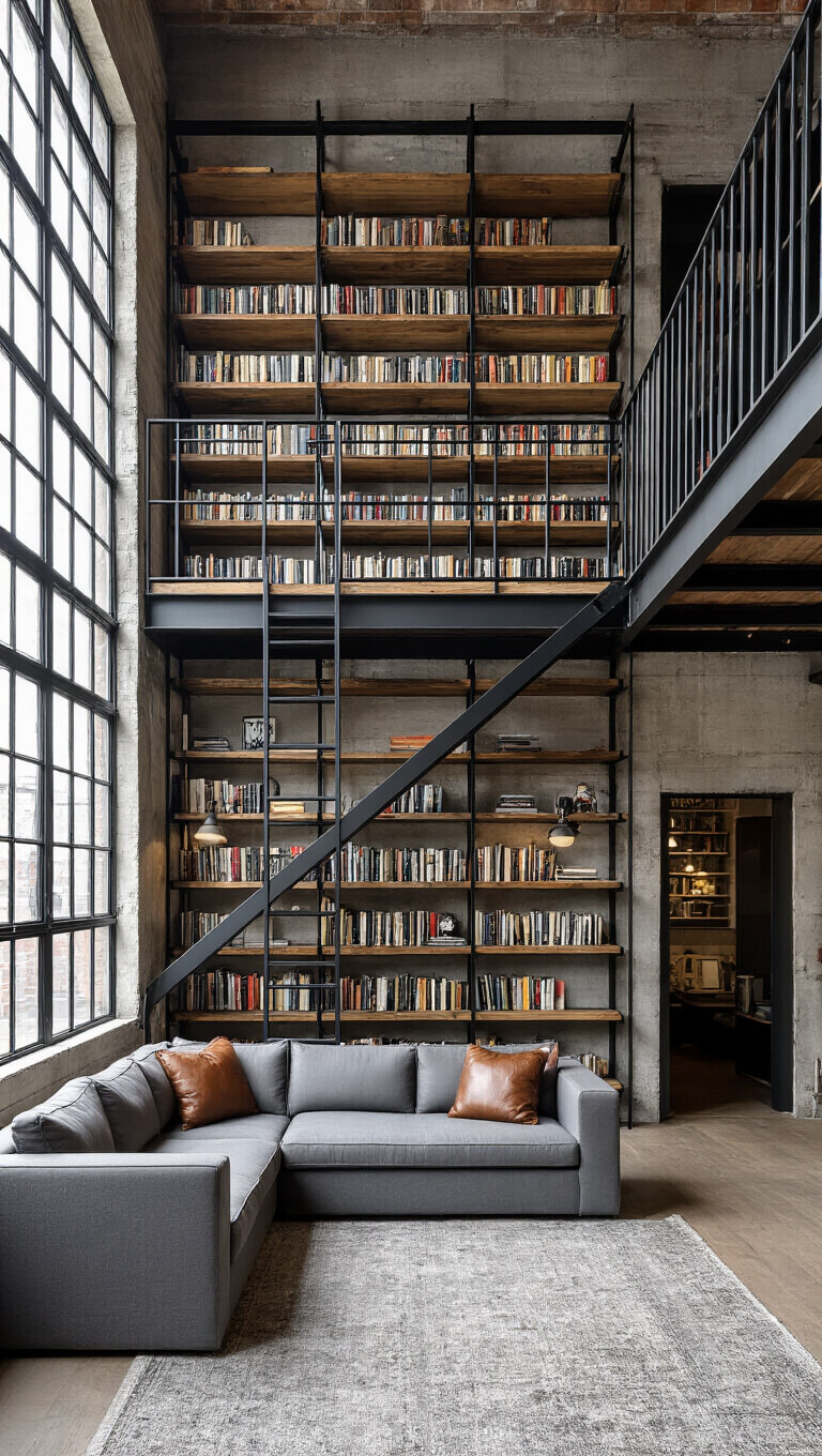 Industrial loft library with tall concrete walls, black metal and wood shelving, factory windows, rolling ladder, and grey sectional sofa under exposed ductwork, viewed from mezzanine at an angle.